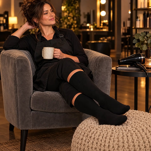 Mujer con los pies en alto y medias de compresión Serenity para peluqueras negras