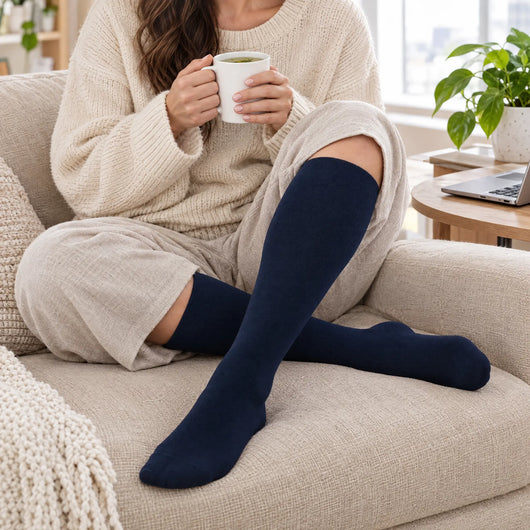 Mujer en un momento de descanso con medias de compresión Serenity para los días de retención azul marino
