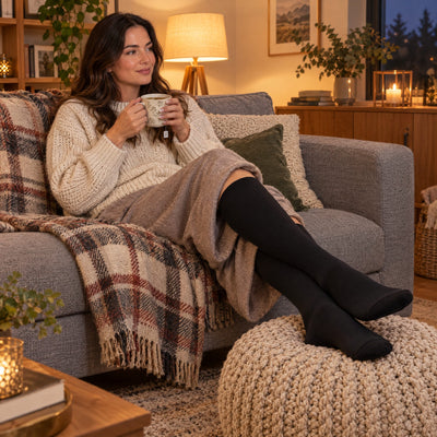 Mujer descansando en el sofá con los pies en alto y medias de compresión Serenity negras