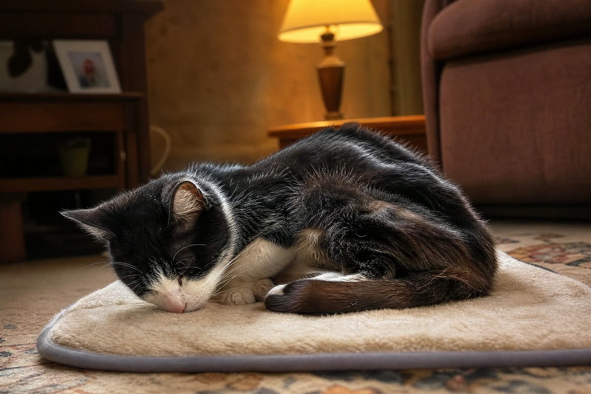 Chat senior endormi sur un tapis